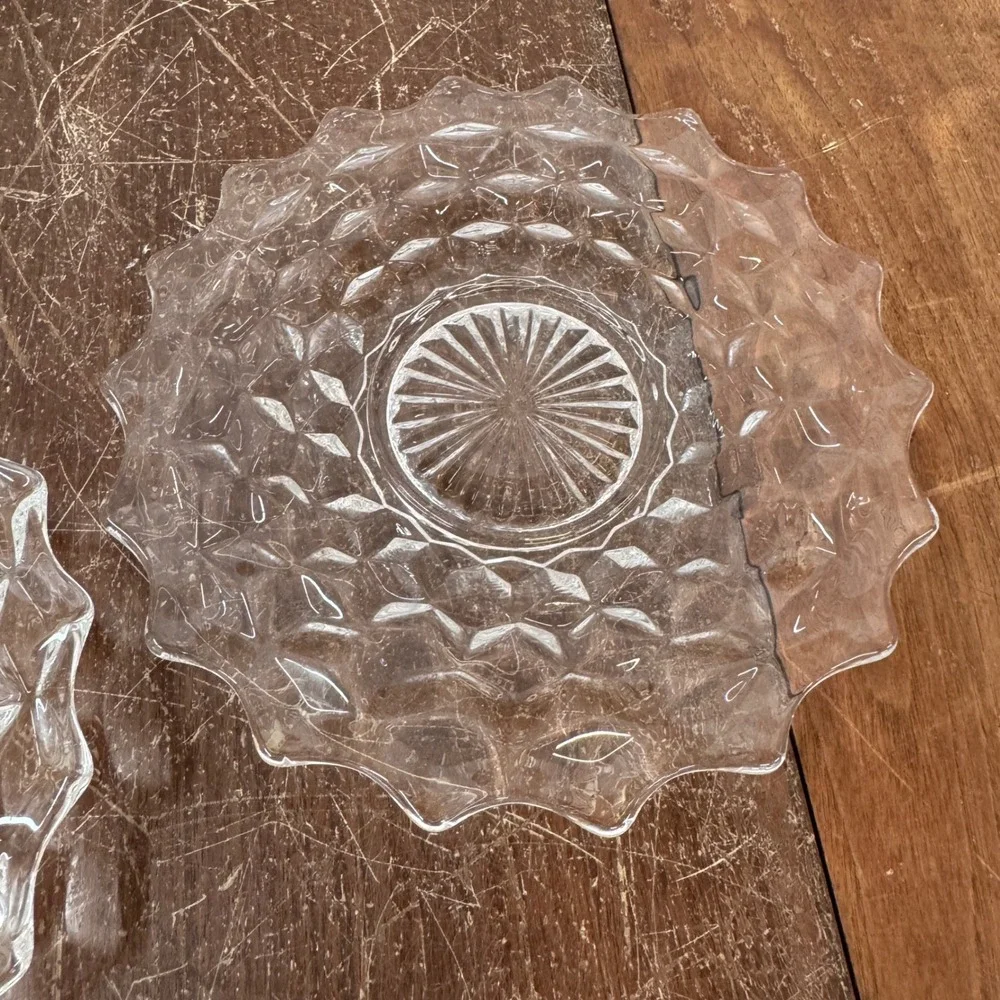 Pair (2) Fostoria American 8 inch bread salad plates clear glass‎ cubist pattern